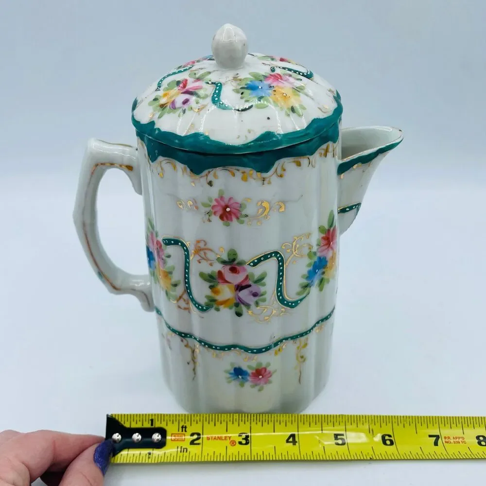 Vintage Porcelain Hot Chocolate Pot Pitcher With Lid Hand Painted Floral Green